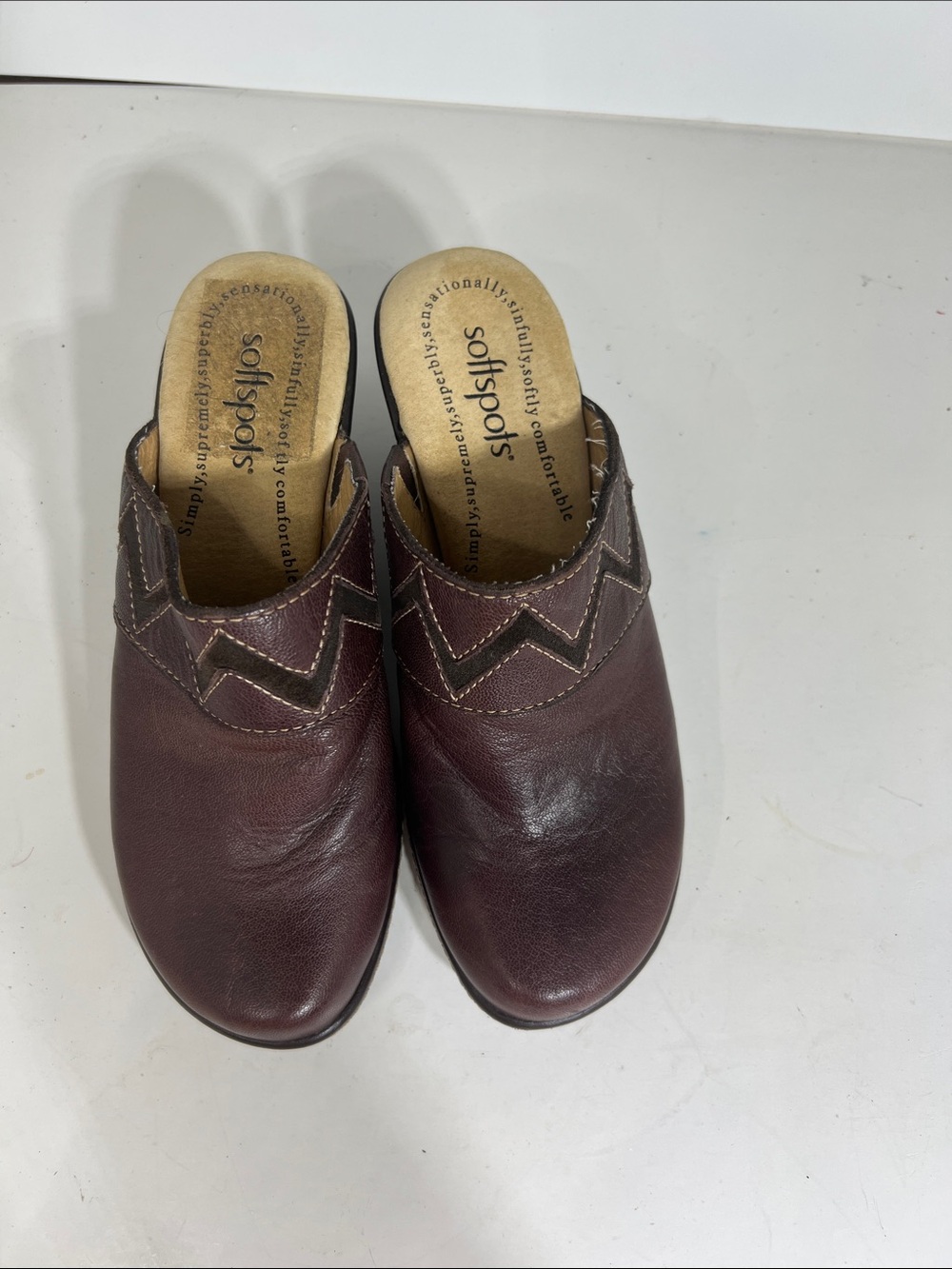 Softspots Women’s Brown Leather Slip-On Clogs with Zigzag Stitching